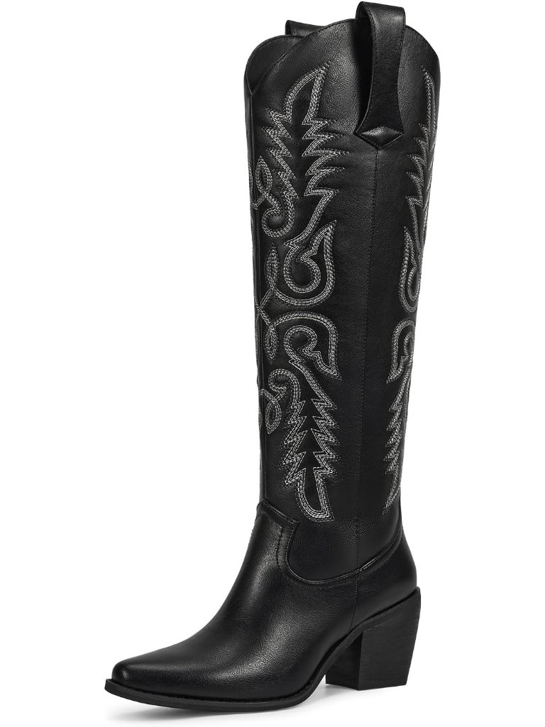Women's Matte Black Pointed Toe Cowgirl Boots Block Chunky Heels Pull On